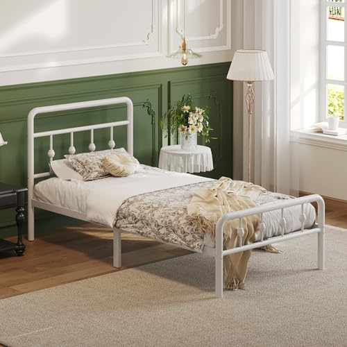 Twin XL Bed Frame with Headboard and Footboard - White Vintage Metal Design