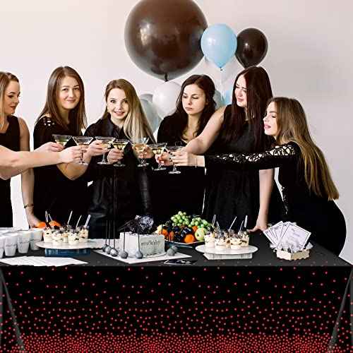 1 Pack Red and Black Dot Plastic Tablecloth, Red Stamping Dot Confetti Rectangle Plastic Disposable Table Cover for Birthday Wedding Baby Shower Engagement Anniversary Party Decorations, 54 x 108 Inch