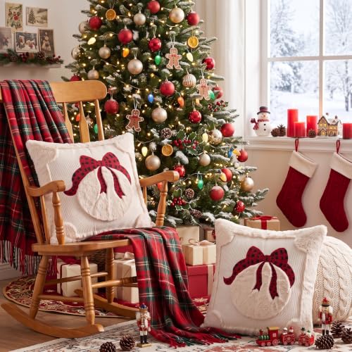 Vteeculor Beige Christmas Bell 18x18 Set of 2 Plush Faux Fur Throw Pillow Covers