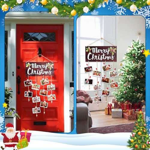Brown Christmas Card Holder with 30 Snowflake Clips – Wooden Photo Display