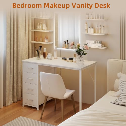 White Small Computer Desk with 4 Drawers - 39 Inch Home Office Workspace