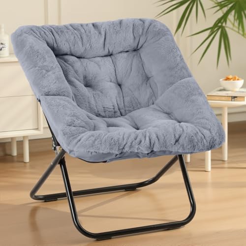 Grey Foldable Faux Fur Lounge Chair for Adults, Oversized Square Seat