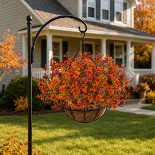 Artificial Fall Hanging Baskets Outdoor Set with Faux Flowers, 2 Pcs Orange Red