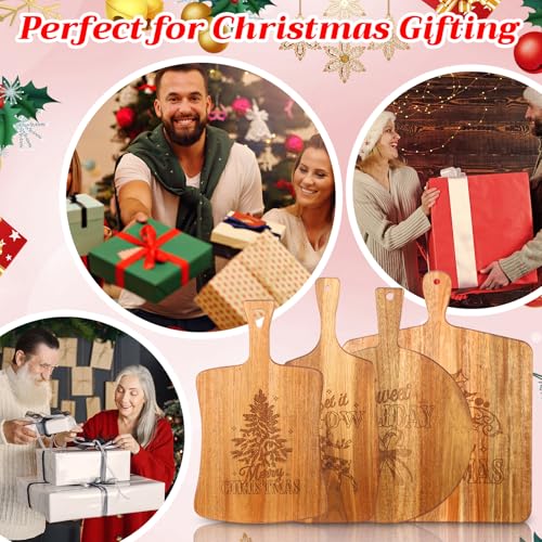 SiliFine Christmas Cutting Boards Set - 4 Acacia Wood Boards with Handles