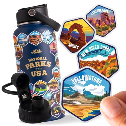 Let's Wander National Parks Water Bottle Bundle - Blue, 32oz with 63 Stickers & Dual Lids