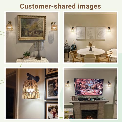 Black Wireless Rattan Wall Sconce Set of 2 - Dimmable RGB Rechargeable Wall Lights with Remote, 6.3in