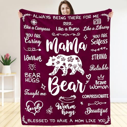 Mama Bear Blanket for Mom - Soft Flannel Gift from Daughter Son, Mother's Day, Birthday, Wives, 50x60 Inch with Loving Quotes