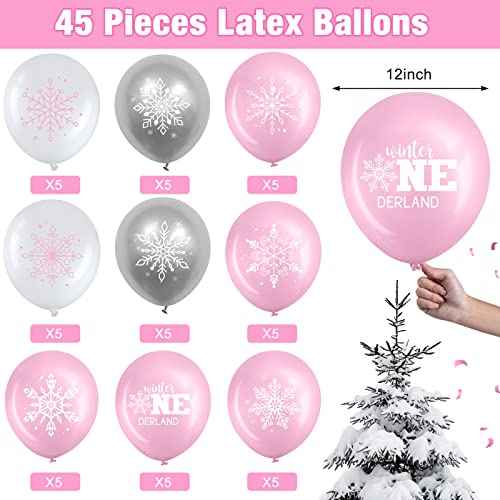 45 Pcs Snowflake Balloons Winter Wonderland Frozen Balloons Onederland First Birthday Party Decorations for Christmas Baby Shower Wedding Decor (Pink, Silver, White)