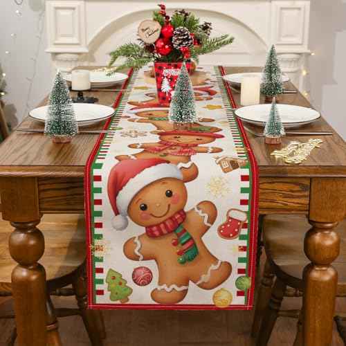 Christmas Table Runner, Xmas Funny Gingerbread Runner Seasonal Winter Merry Christmas New Year Holiday Home Party Decor Dining Table Decorations 13x72 Inch