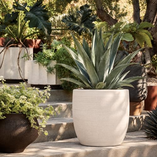 Large Matte White Embossed Stoneware Planter - Cheese Cloth Texture, 12 Inch Diameter