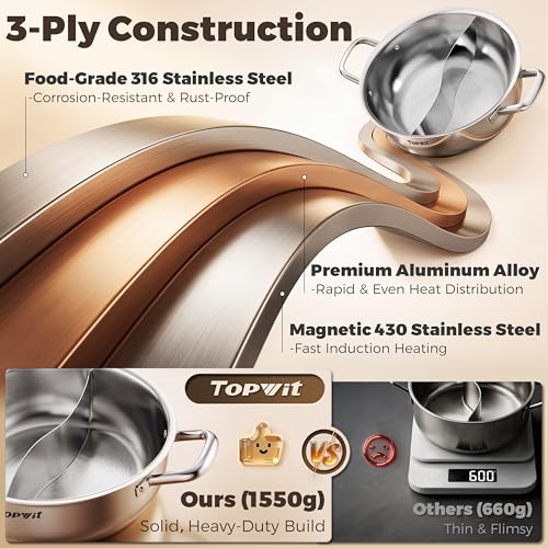 TopWit 5.5QT Double-Flavored Hot Pot with Divider - Induction Ready Kitchen Cookware