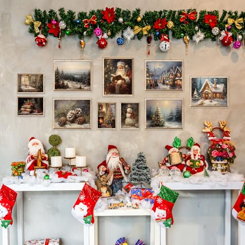 Vintage Christmas Wall Art Prints Set - Snow Scene & Santa Holiday Posters