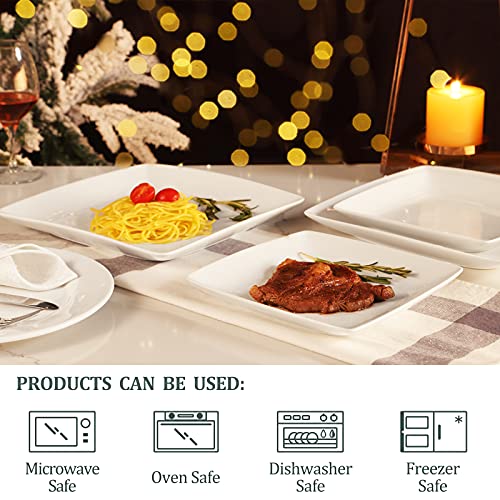 Porcelain Square Dinner Plates Set of 6 - 10.75 Inch White Serving Plates for Steak, Pasta, Salad & Snacks - Microwave & Dishwasher Safe