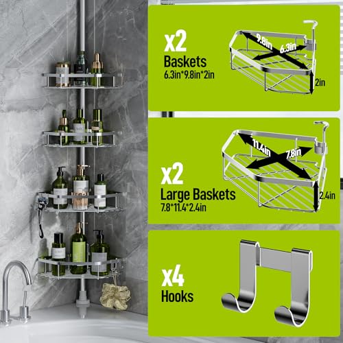 Corner Shower Caddy Tension Pole - 4-Tier Stainless Steel Bathroom Organizer