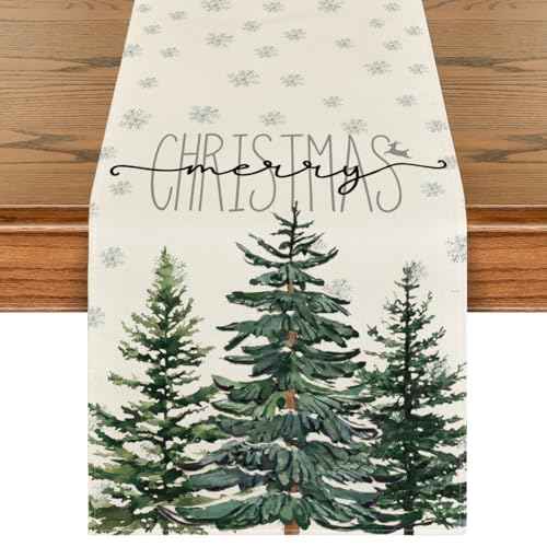 Artoid Mode Beige Pine Tree Snowflake Merry Christmas Table Runner, Seasonal Winter Xmas Holiday Kitchen Dining Table Decoration for Home Party Decor 13 x 72 Inch