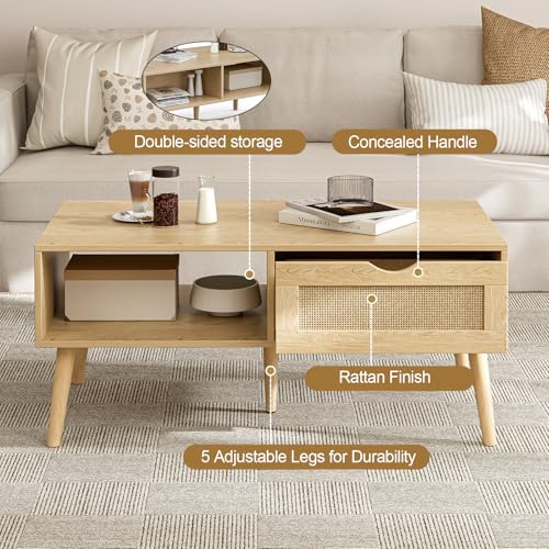 Oak Rattan Coffee Table with Drawer - Boho Natural Finish, ZttRiee
