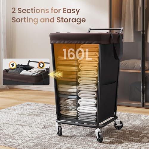 Wawocs 160L Black 2-Section Rolling Laundry Hamper with Handle and Wheels