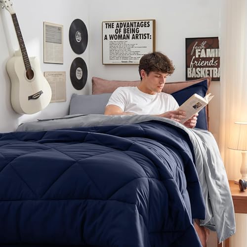HEVUMYI Twin XL Comforter Set Navy Blue & Grey Bed in a Bag 5-Piece