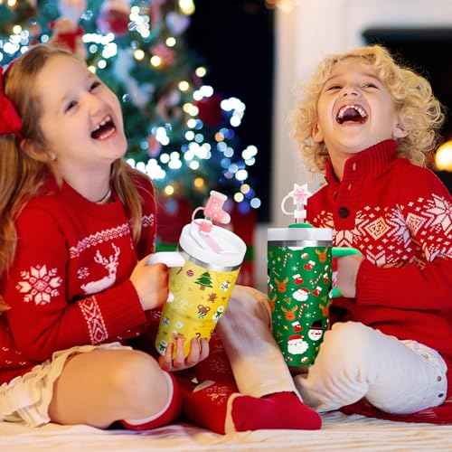 8 Pcs Christmas Straw Toppers for Stanley Cups, 3D Santa Claus Xmas Tree Straw Cover Caps Decoration for 30&40 oz Tumblers with DIA 10 mm Straws (Pink)