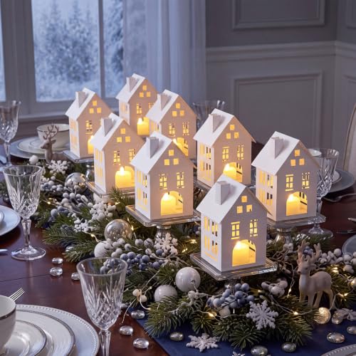 15 Pcs White Christmas Village House Paper Lanterns Centerpieces - White/Christmas Village House