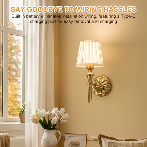 Ayzplbh Gold Rechargeable Wall Sconces Set of 2 with Dimmable LED Vintage Fabric Shades