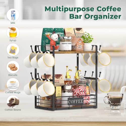 EsLuker.ly Vintage Brown & Black 2-Tier Coffee Mug Holder Tree with 12 Hooks – Countertop Organizer & Display Rack