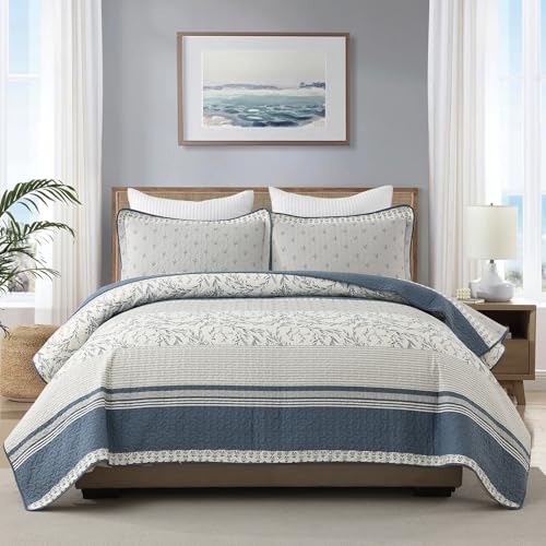 Queen Cotton Quilt Set with Botanical Stripe Design - Moonlight Blue & Gray