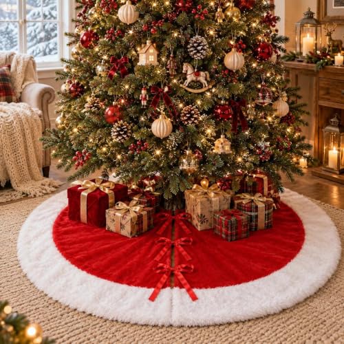 X-Large Red & White Velvet Christmas Tree Skirt - 48 Inch Holiday Decor