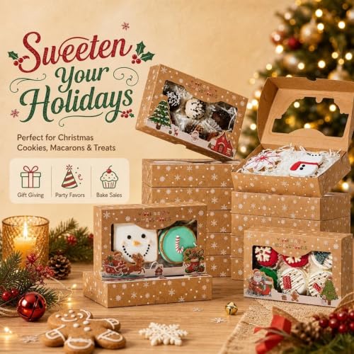 24PCS Vintage Kraft Christmas Cookie Gift Boxes with Window - 7x4.3x1.5 Inches, Brown, Foldable Holiday Packaging