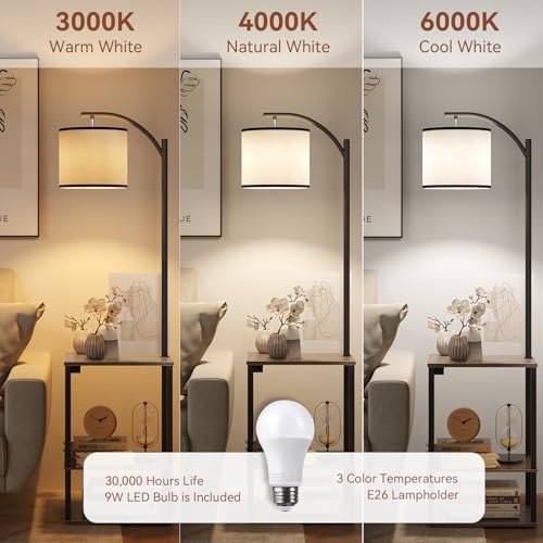 SUNMORY Grey Oak Floor Lamp with Shelves & USB Charging Station – Modern Living Room Light