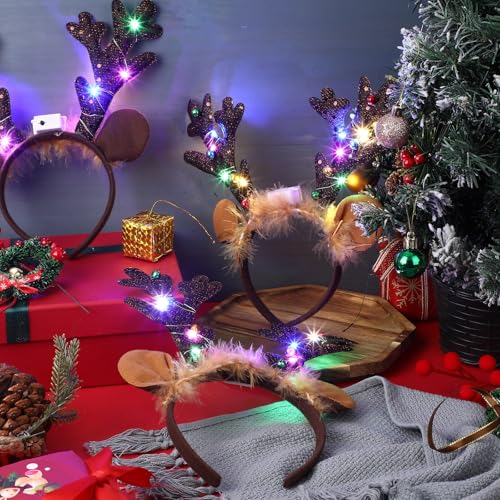 Chuangdi LED Reindeer Headbands with Dark Brown Antlers - Holiday Costume Accessory