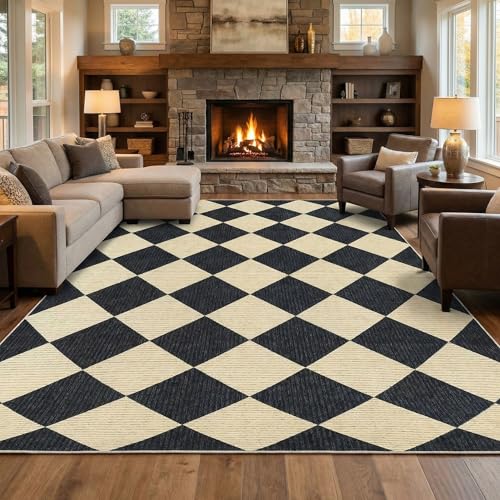 GarveeHome 8x10 Dark Coffee Checkered Washable Area Rug for Living Room