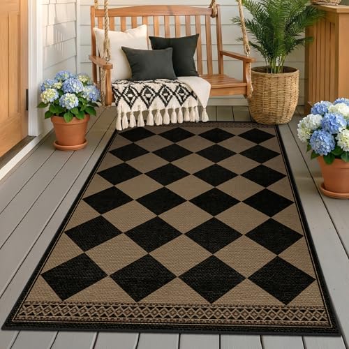 3' x 5' Indoor Outdoor Checkered Jute Style Rug - Black & Brown Non Slip Mat