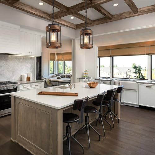 Small Pendant Light 2 Pack Rustic Farmhouse Wood and Metal Fixture - Adjustable Chain