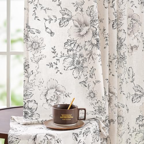 jinchan Black on Beige Floral Linen Curtains 84 Long, Pack of 2, Unlined, 50"W x 84"L