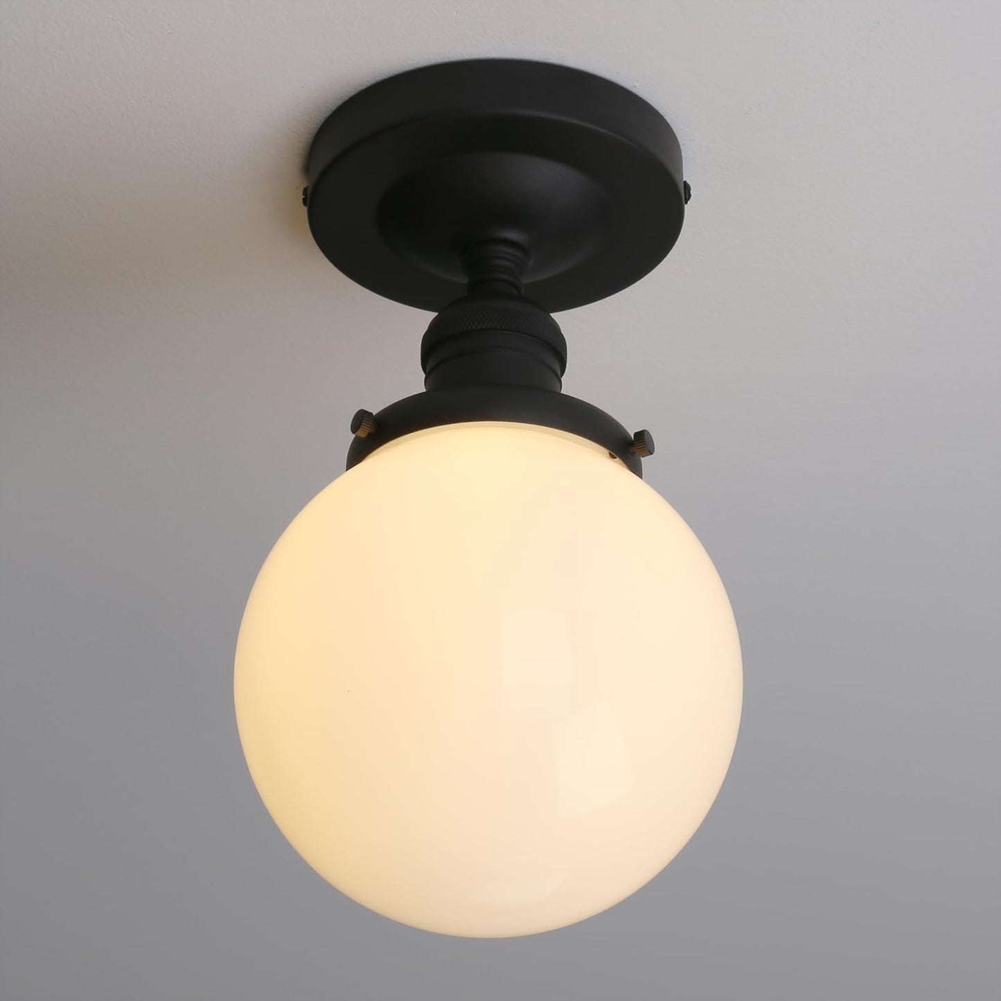 JIMUBEAM Industrial Semi Flush Mount Ceiling Light, Milk White Globe Glass Pendant Lamp Shade, Close to Ceiling Light Fixture for Porch, Hallway, Entryway, Kitchen, Bedroom, Hotel