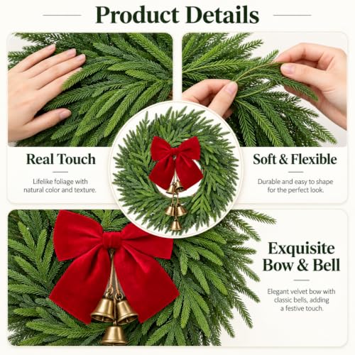 ICX 22-Inch Norfolk Pine Wreath with Bow & Bells - Realistic Holiday Decor