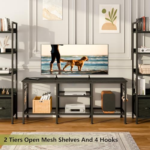 Furologee TV Stand with Open Shelves and Hooks - Black Oak, 47 Inch