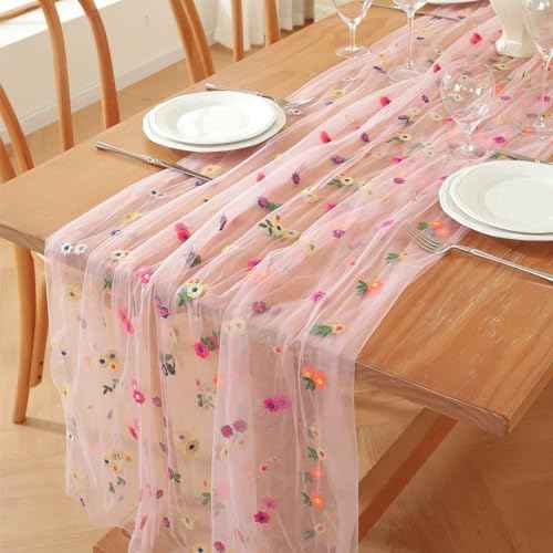 Pink Flower Tulle Table Runner 29x120 Inch Embroidery Florals Soft Sheer Tulle Fabric for Wildflower Party and Baby in Bloom Baby Shower Decorations