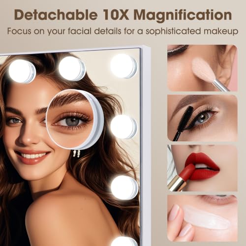 Vanity Makeup Mirror with Lights, 17 Dimmable LED Bulbs, 3 Color Modes, 10X Magnification, Touch Control, White - 23.6"L x 20.5"W