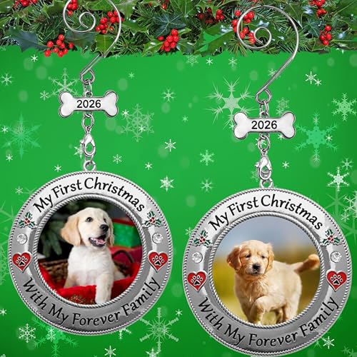 My First Christmas Dog Photo Ornament 2 Pack - Personalized Puppy Keepsake with Photo Insert, Red Heart & Paw Print, 3 Inch