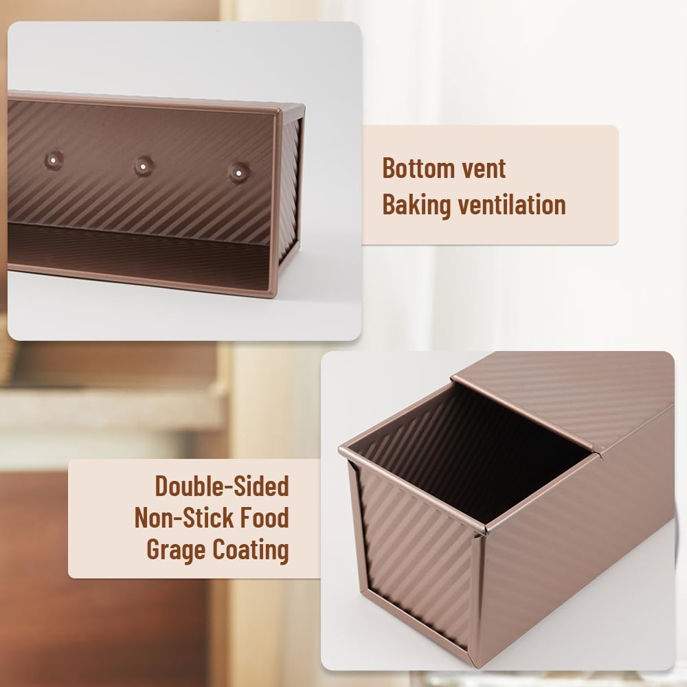 FDKYOEK Large Pullman Loaf Pan with Lid, 13 x 4 Inch 2 lbs Non-Stick Rectangle Bread Pan with Lid and Dough Scraper Cutter, Reusable Sourdough Loaf Pan for Homemade Bread & Toast, Rose Gold