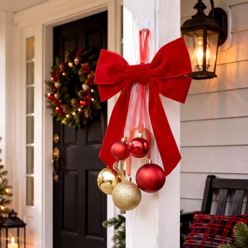 12-Inch Red Gold Christmas Ornament with Velvet Bow for Holiday Decor