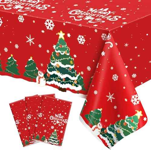 Christmas Tablecloth, 3 Pcs Plastic Christmas Tablecloth Disposable 54"x108", Red Plastic Xmas Table Cloth Cover Rectangle Table Decorations for Xmas Holiday Party Supplies