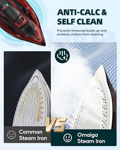 Cordless Steam Iron for Clothes - 1500W, Ceramic Soleplate, Red
