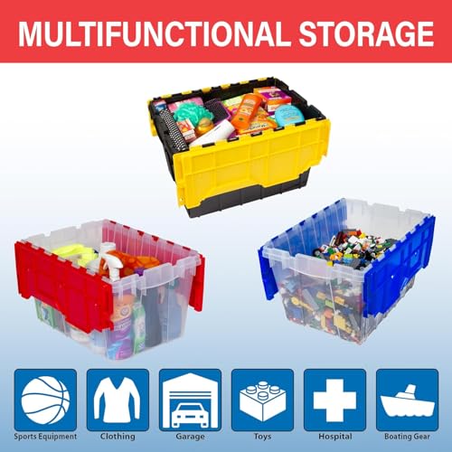 12-Gallon Stackable Plastic Storage Tote with Hinged Lid - Black and Yellow, 1 Pack