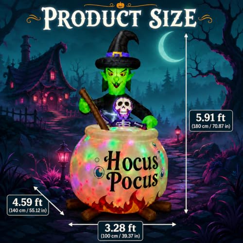 Enlik 6 FT Inflatable Witch and Cauldron Halloween Yard Decor with RGB Light Show - Outdoor Spooky Blow Up for Lawn, Porch, Garden, Party, Halloween Decorations