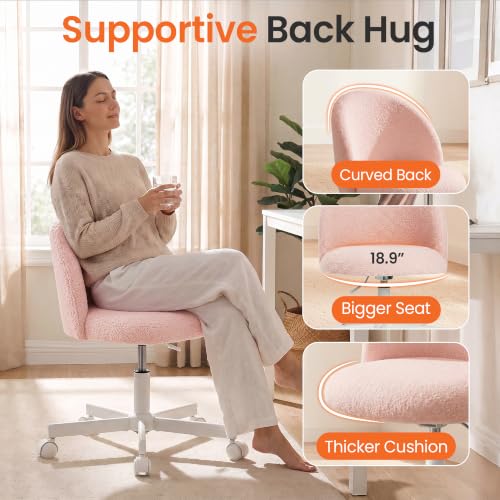 Neo Chair Vanity Chair with Wheels - Pink Teddy Small Desk Seat, Armless