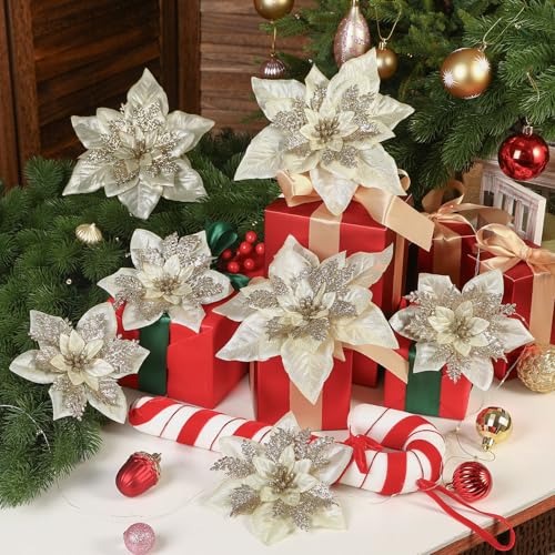 24PCS Champagne Gold Artificial Poinsettia Christmas Flowers for Holiday Decor