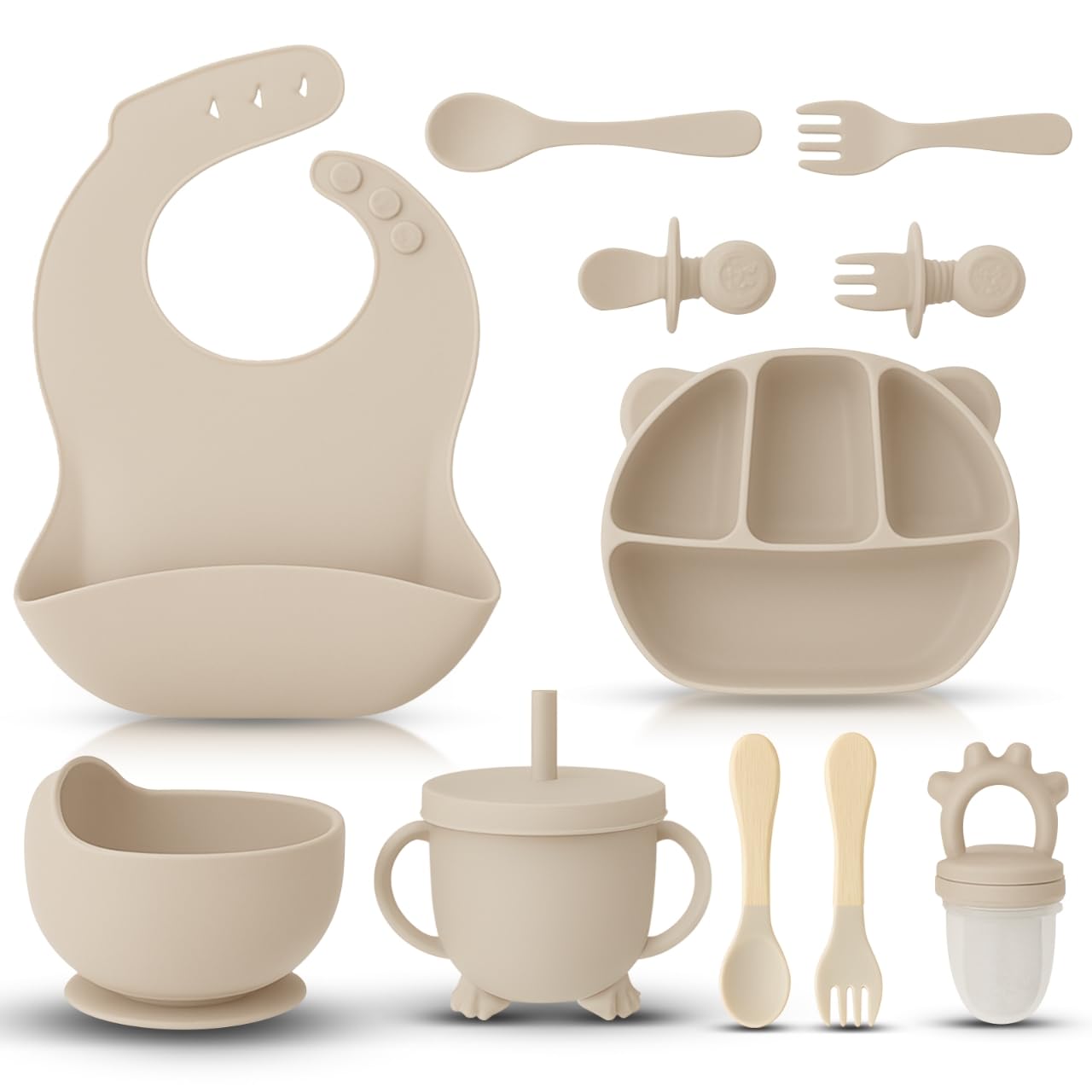 12 Piece BPA-Free Silicone Baby Feeding Set,Non-Slip Suction Plates,Soft Baby Bowls, Wooden Utensils & More ，Make Feeding Time Safe,Dishwasher Safe – Ideal for 6+ Months